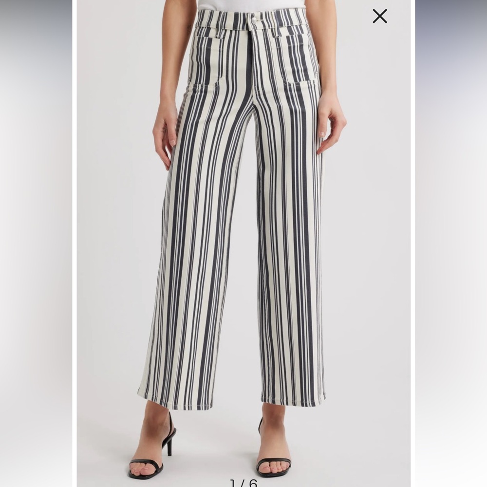 Frame Denim Black & White Vertical Stripe Wide Leg Jeans